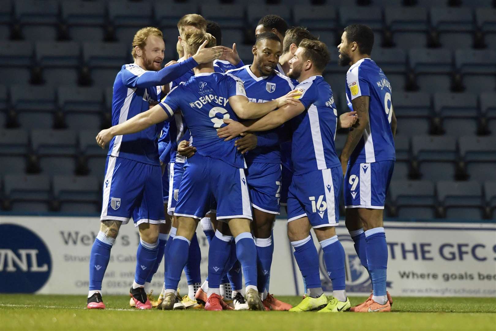 Gillingham players celebrate their opening goal against AFC Wimbledon Picture: Barry Goodwin