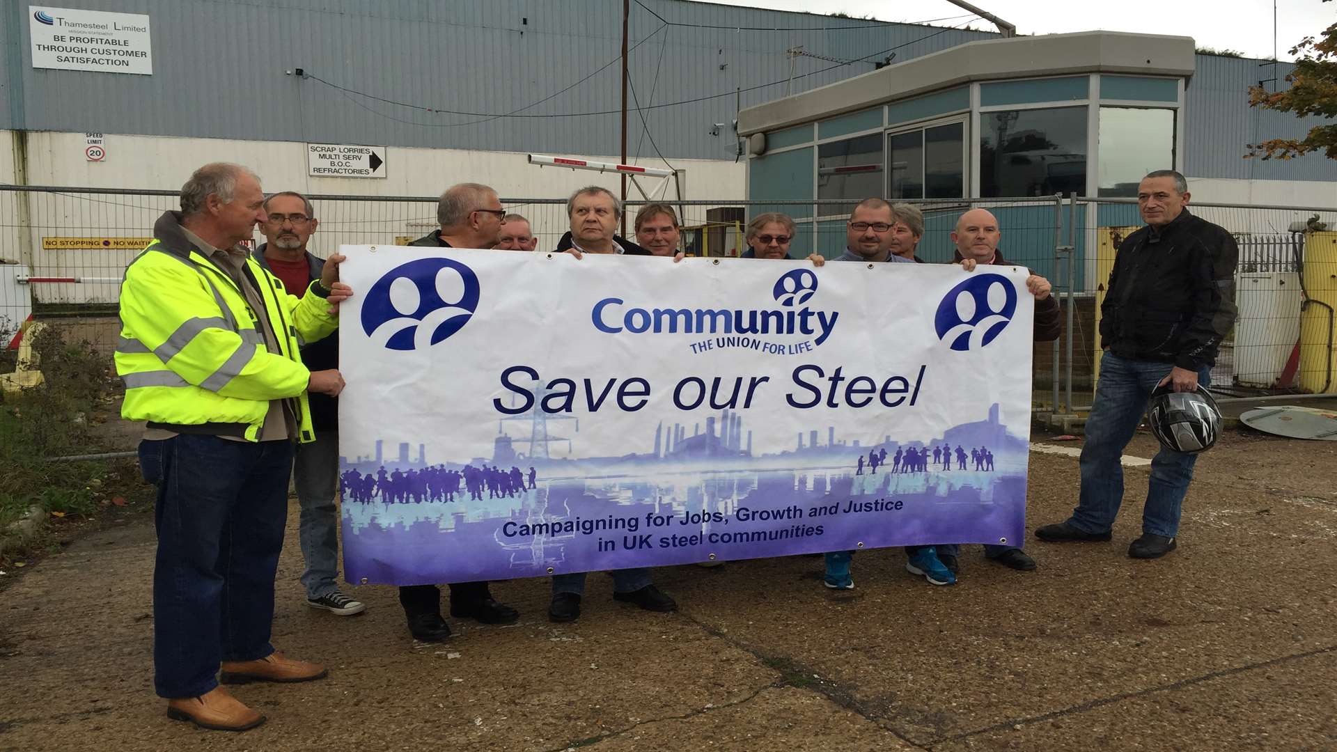 Banner outside Sheerness steel mill