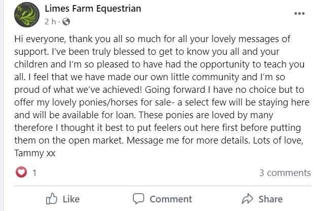 Ms Bastock released a statement on Facebook detailing her plans to sell her horses
