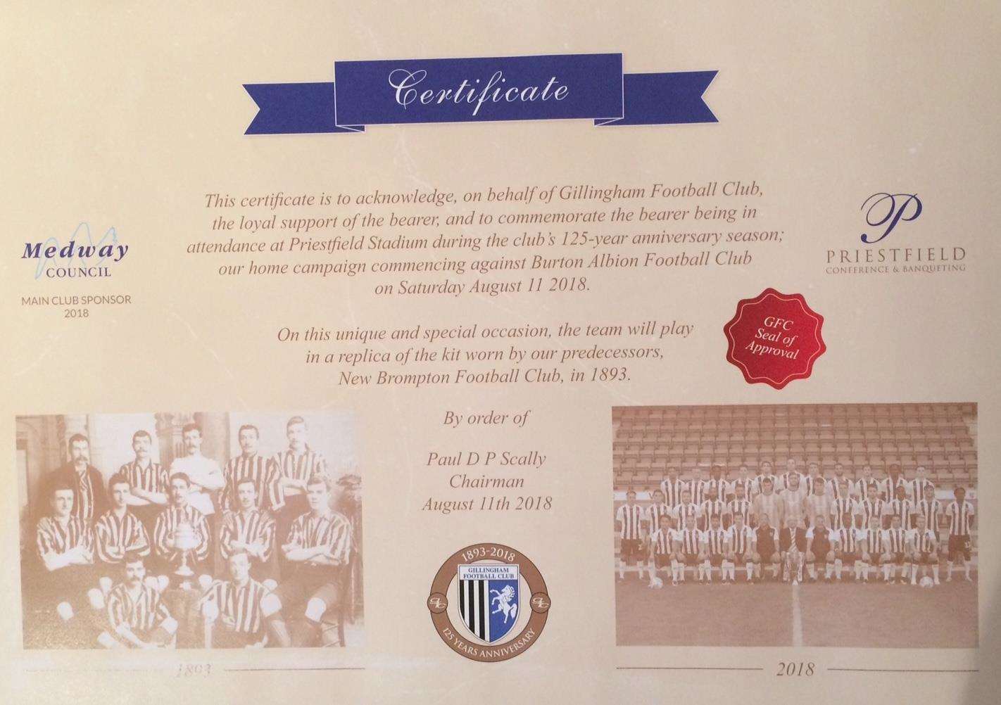 Gillingham certificate to fans for attending Saturday's match (3550209)