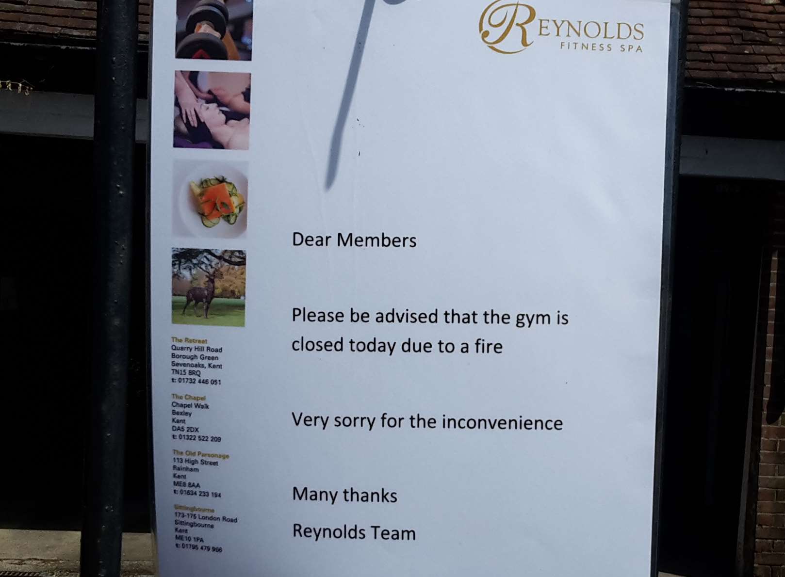 A notice saying Reynolds Gym is closed for the rest of the day