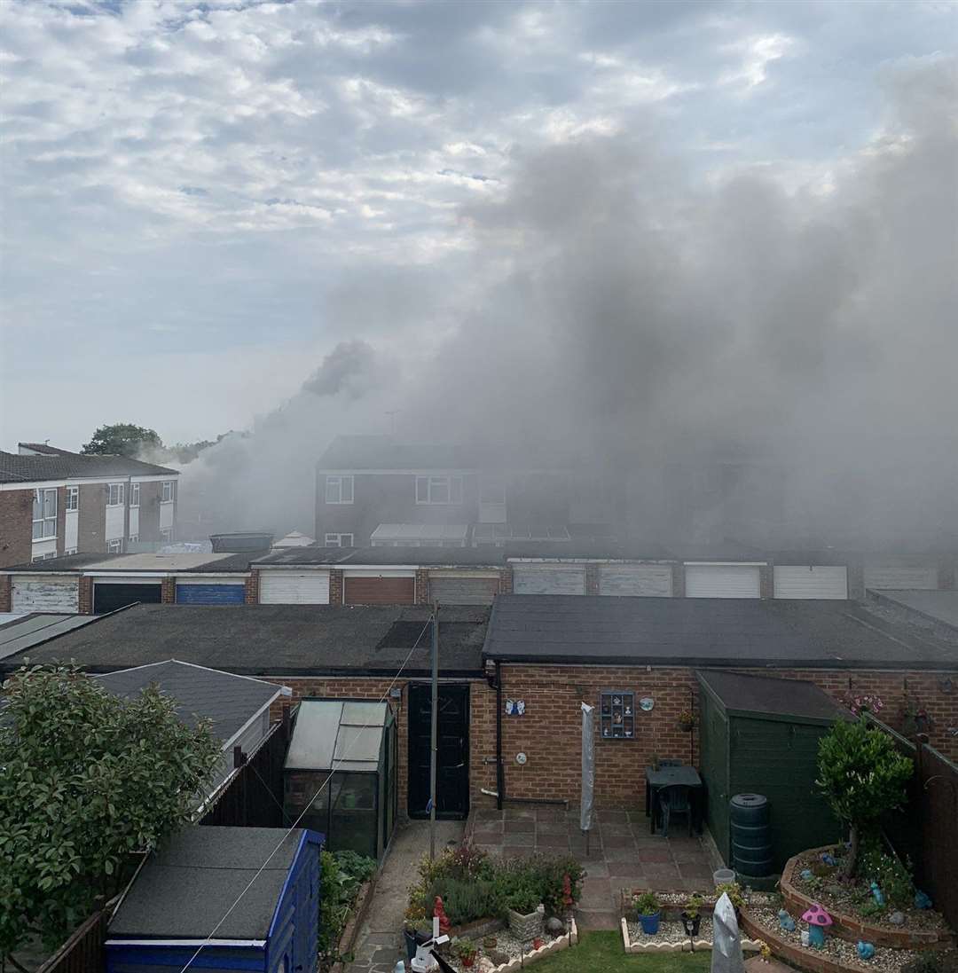 Black plumes of smoke could be seen following the fire in Moyle Close, in Rainham. Photo: Linzi Coulter