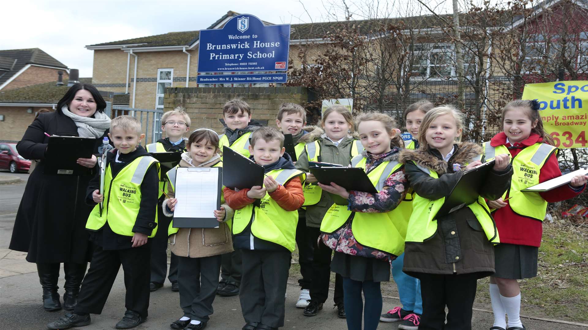 Children and staff at Brunswick House have joined PCSOs in getting across the safety message outside the school.