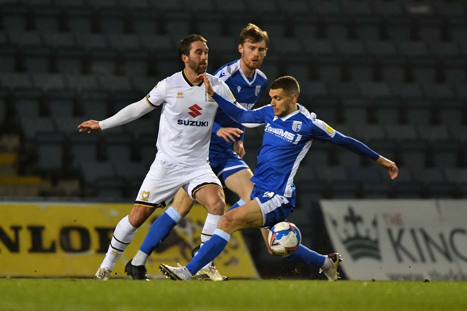 Stuart O'Keefe gets stuck in against MK Dons on Tuesday night Picture: Keith Gillard