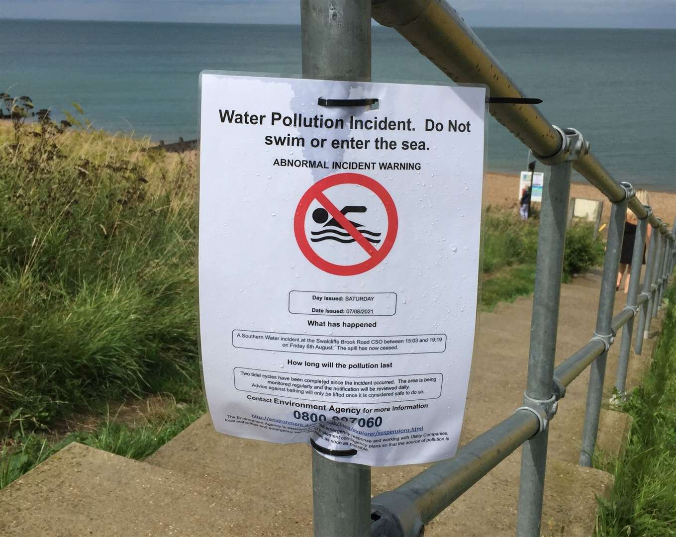 A 'do not swim' sign in Tankerton after a pollution release at Southern Water's treatment site in Swalecliffe