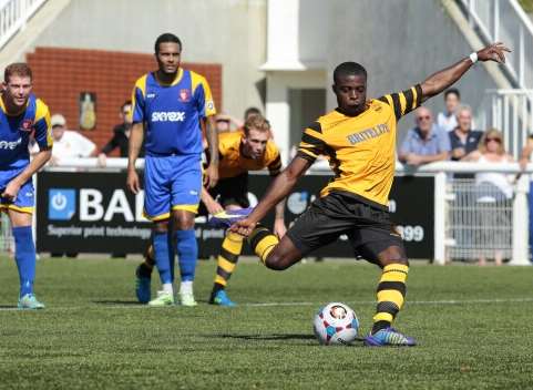 Alex Akrofi gives Maidstone a 2-0 lead from the spot Picture: Martin Apps
