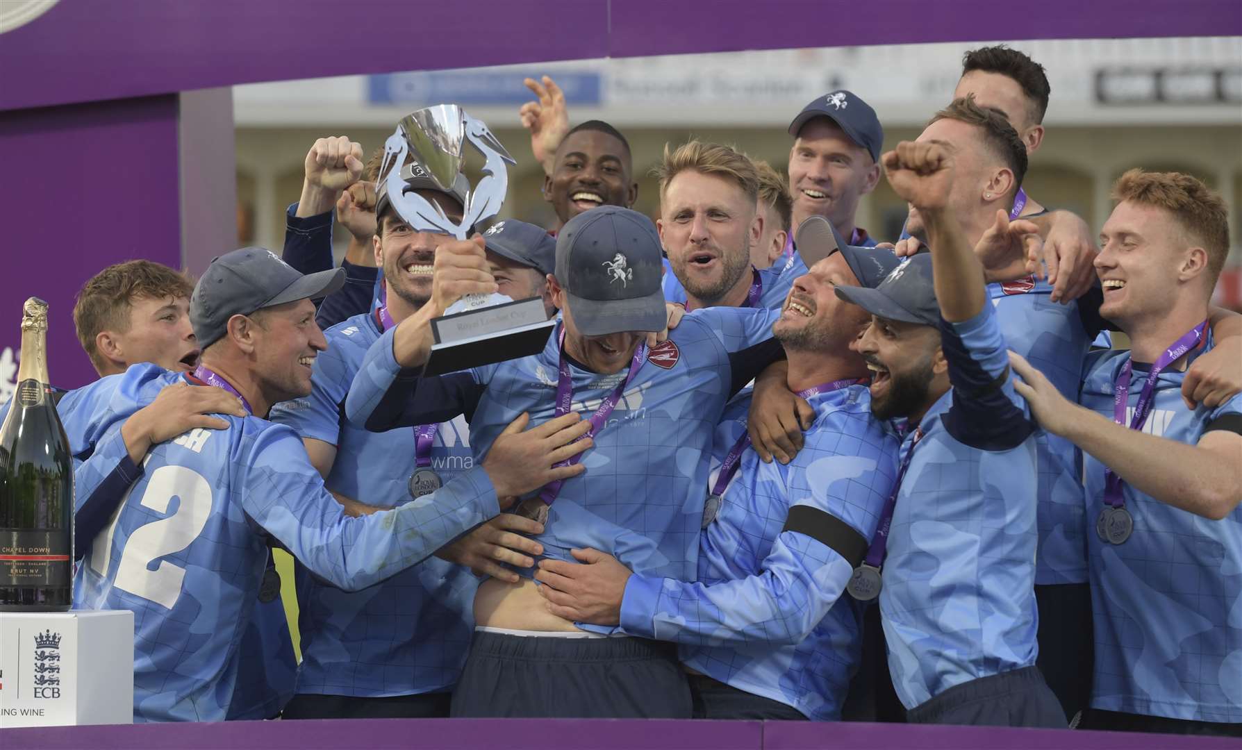 Kent win the Royal London One-Day Cup Final 2022, with Ben Compton in the back, wearing a Kent cap. Picture: Barry Goodwin