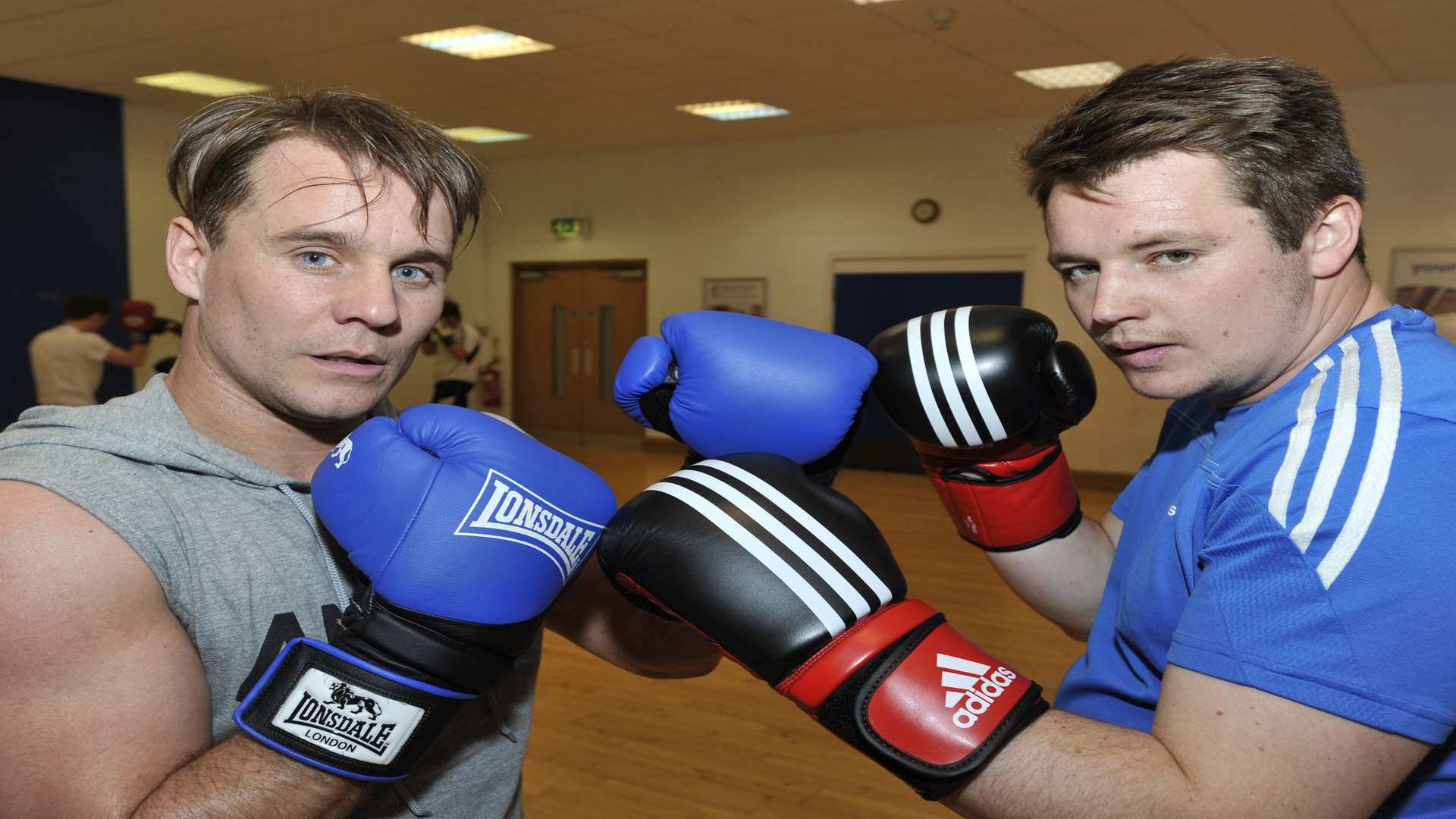 Billy McGarry and Charlie Harris take a camera break from sparing at Sandwich Amateur Boxing Club