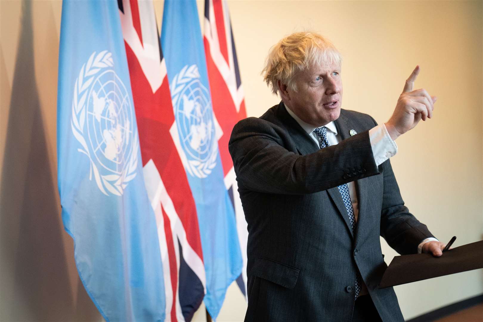 Prime Minister Boris Johnson addresses the media at the United Nations General Assembly (Stefan Rousseau/PA)