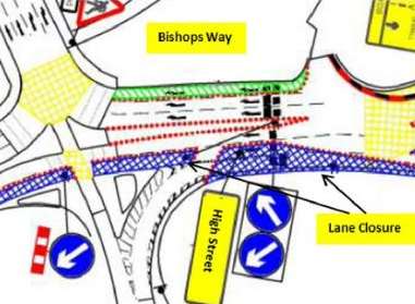 Diagram showing Maidstone Bridge works with lane closures on Bishops Way