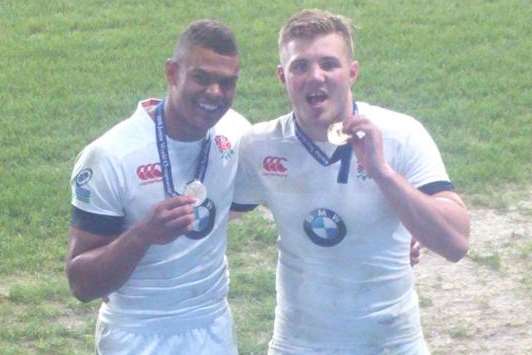 England under-20 players Nathan Earle and Harry Sloan proudly display their Junior World Championship medals