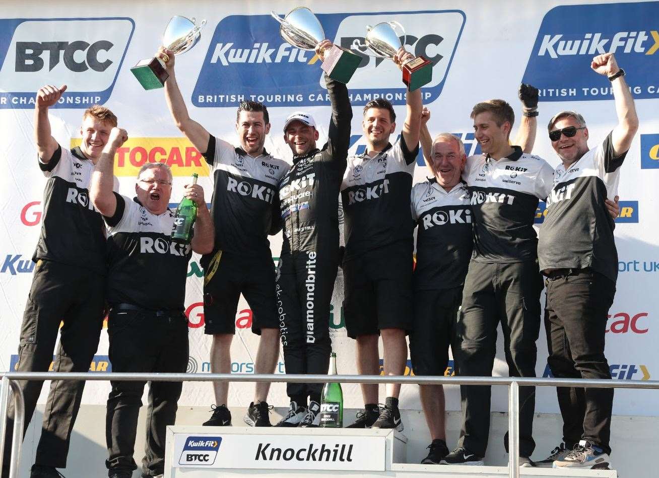 Jake Hill and his team celebrate on the podium at Knockhill. Picture: Jakob Ebrey