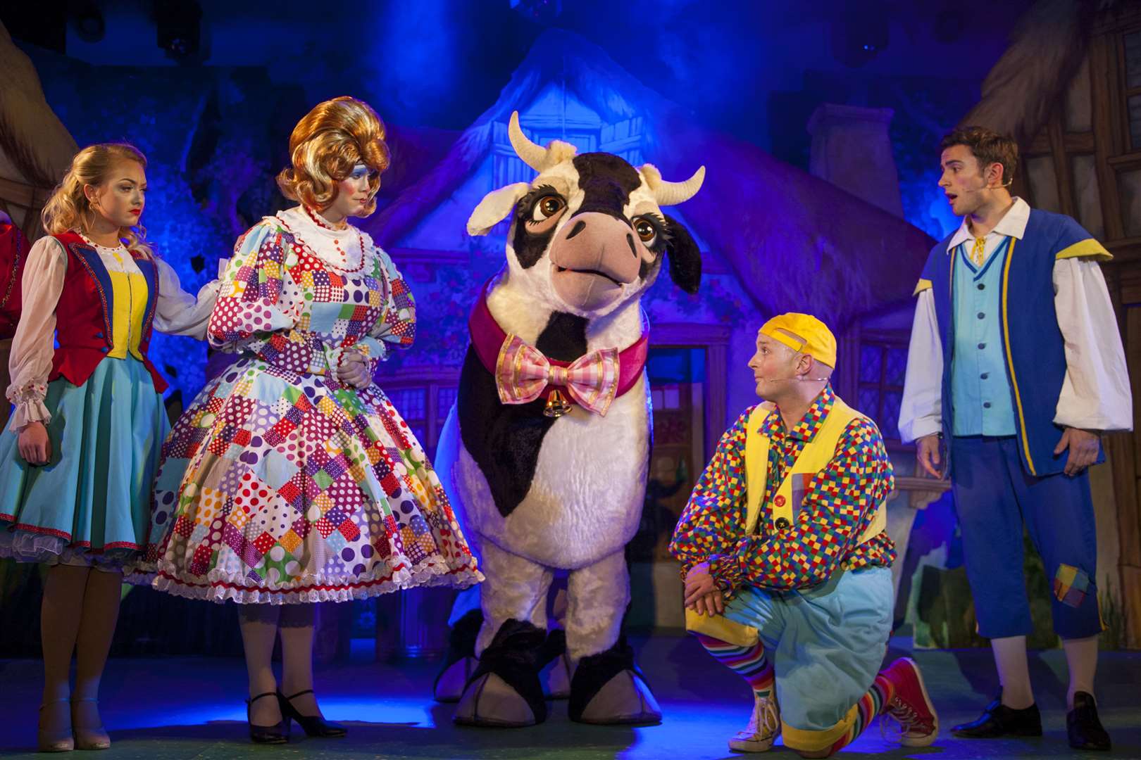 From left, Lucy Reed as Princess Apricot, Robert Pearce as Dame Trott, Daisy the cow, Ant Payne as Silly Billy and Rory Phelan as Jack