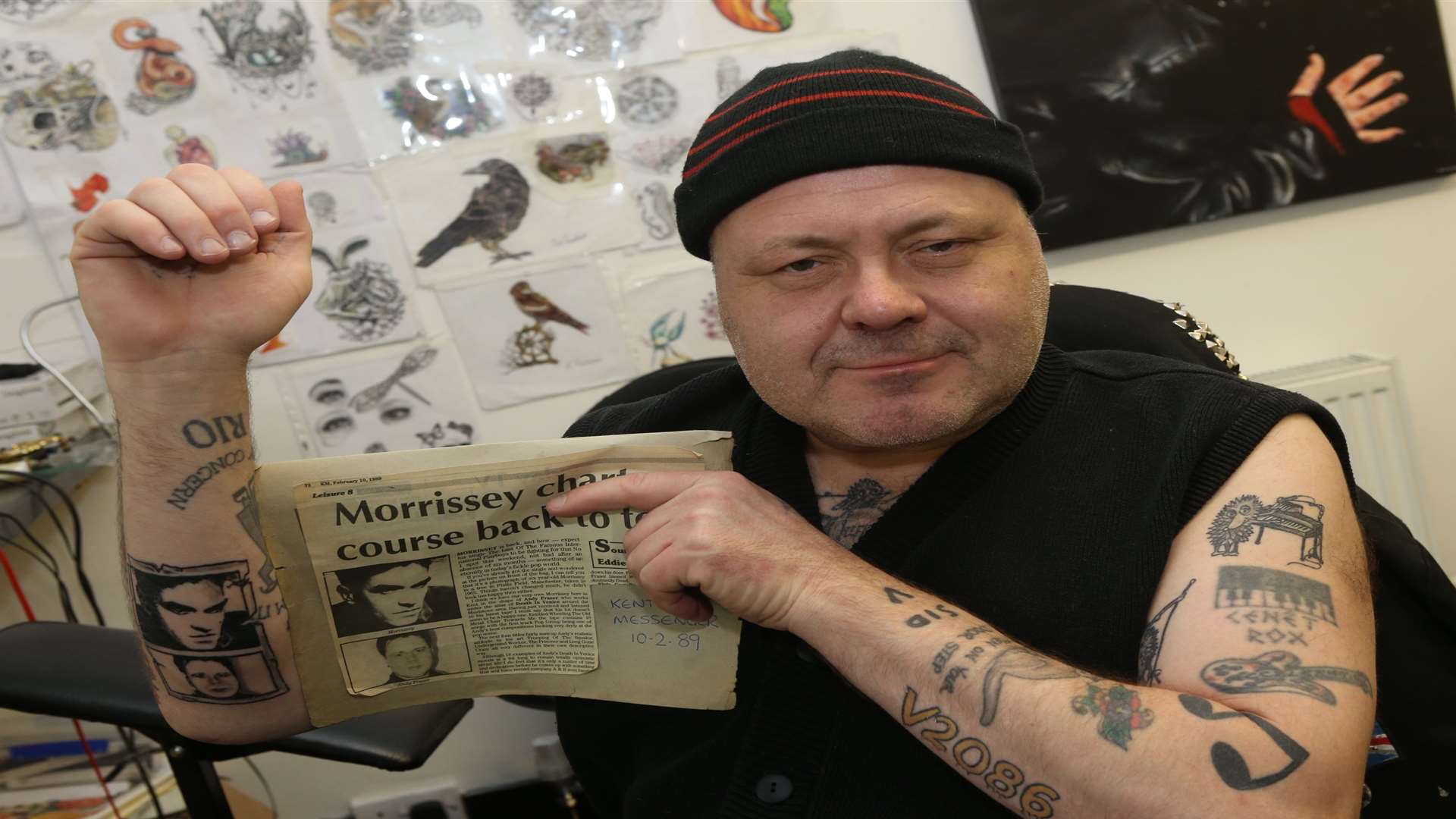 Musician Andy Fraser at Shady Adey’s Tattoo studio in Maidstone, where he got a tattoo of the KM pictures on his arm