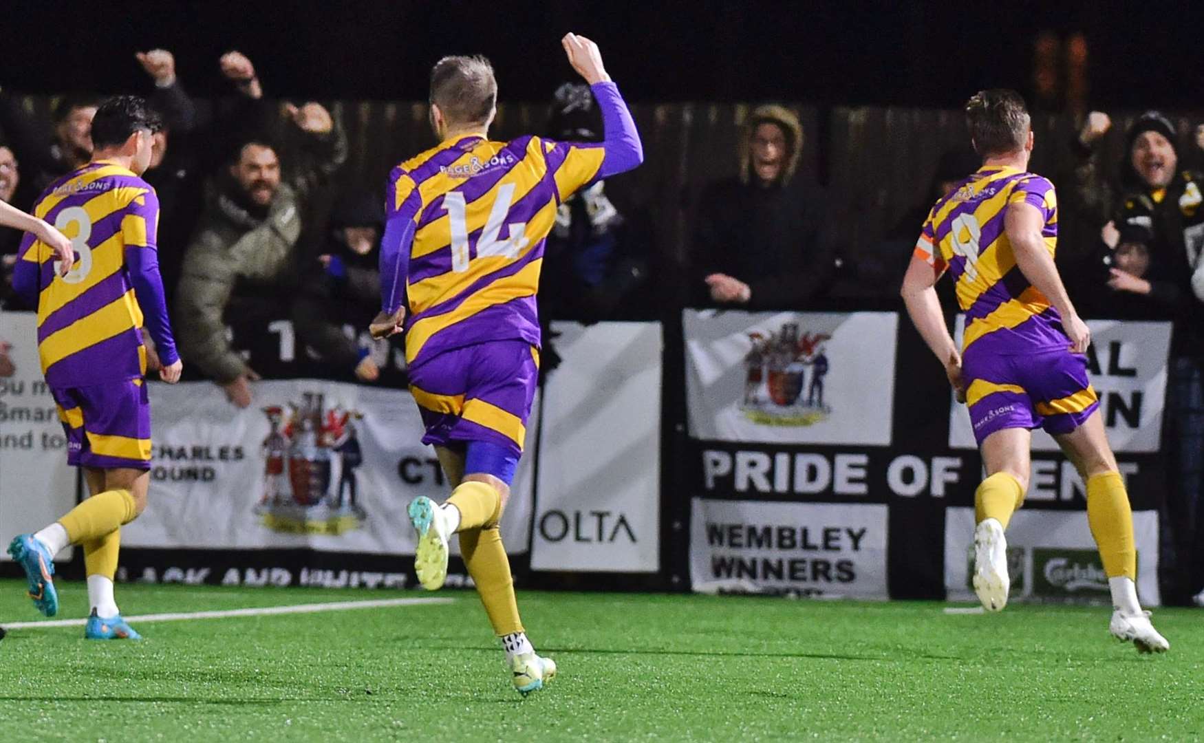 Aaron Millbank leads the Deal celebrations after one of his goals in their 4-2 weekend win at Faversham. Picture: Ian Scammell