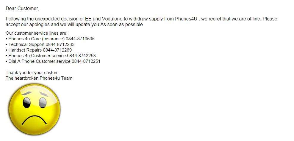 A message to Phones 4U customers on the firm's website
