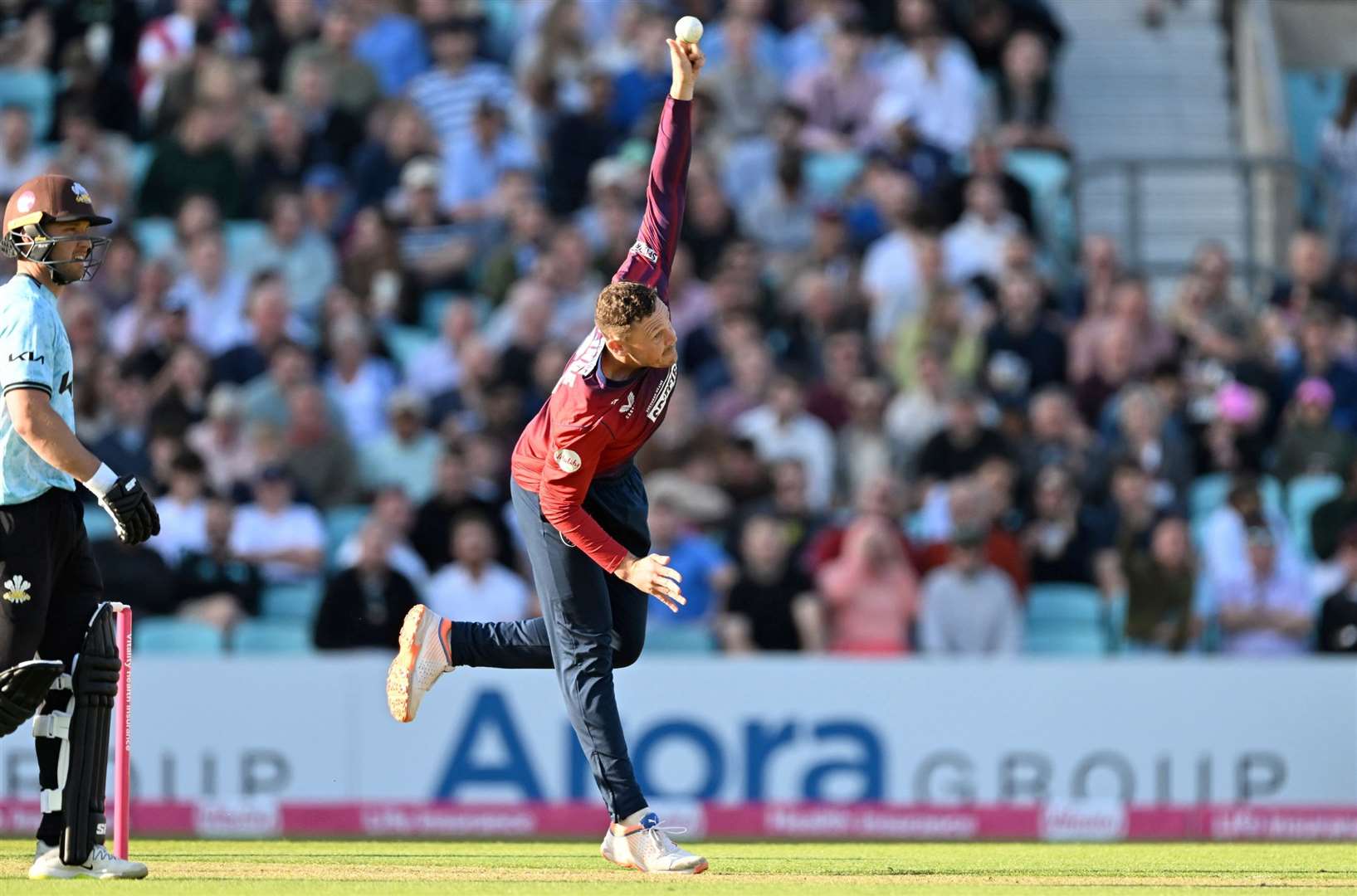 George Linde bowling at The Kia Oval in Kent Spitfires’ T20 loss to Surrey. Picture: Keith Gillard