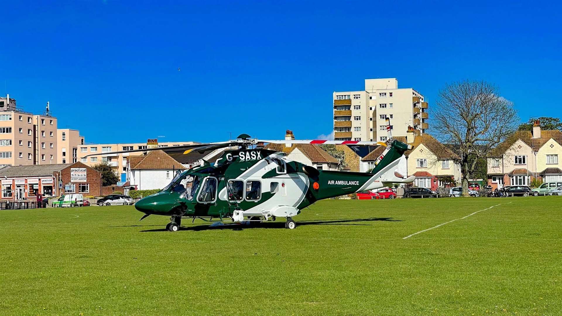 An air ambulance flew the man to a London hospital shortly after landing in Memorial Park, Herne Bay. Picture: Simon Welsh