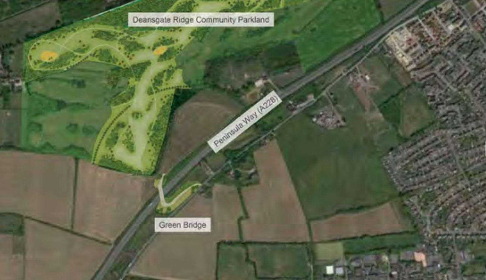 An aerial impression of the green bridge over the A228 in Hoo, also showing the area which could become the Deangate Community Parkland in bright green. Picture: Medway Council