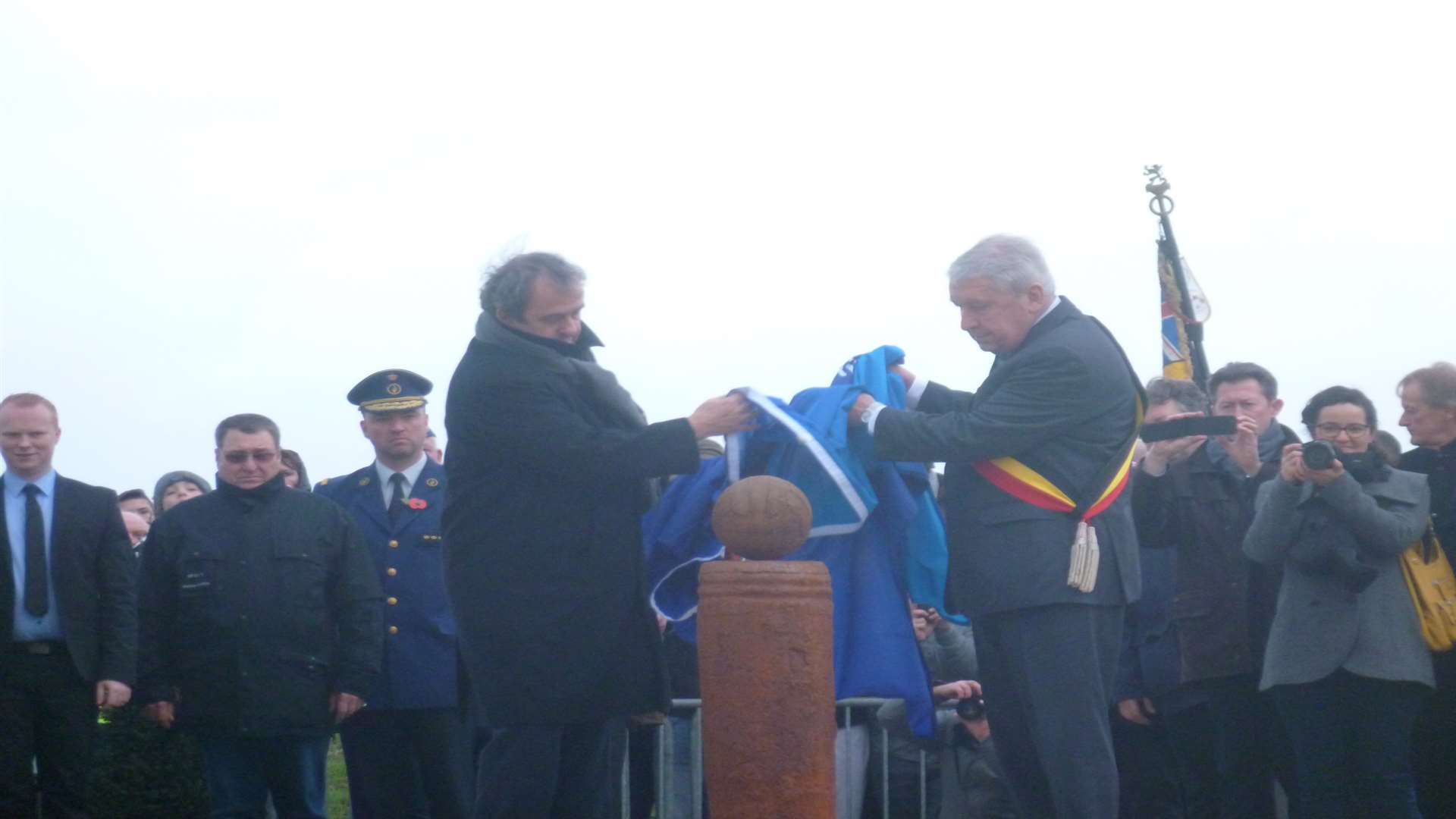 Uefa president Michel Platini with Mayor of Comines-Warneton, Gilbert Deleu unveiling the new memorial to honour the Truce