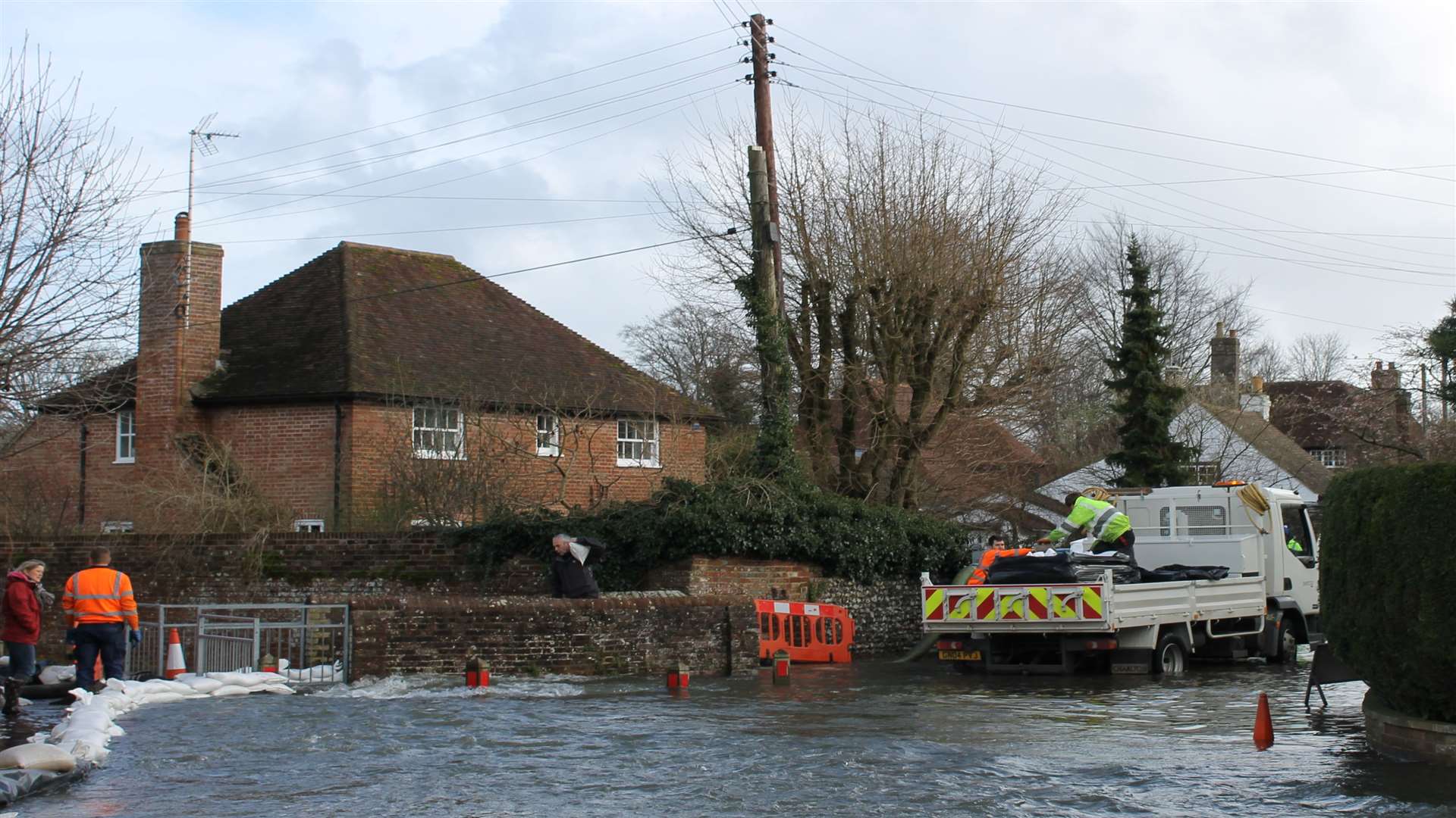 A wall of sandbags being built to try and hold back flood water, Barham. File picture