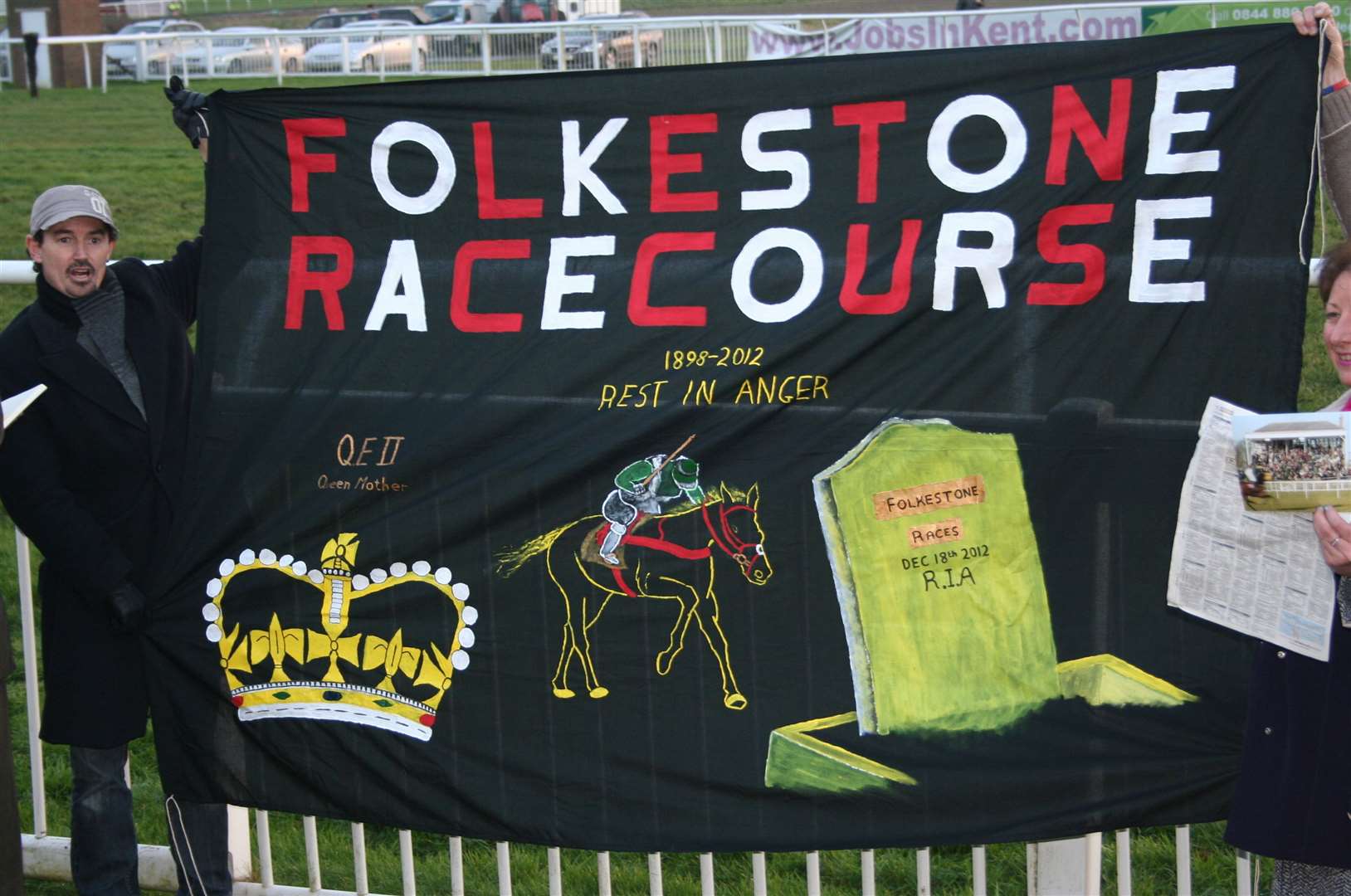 A banner at the last meeting at Folkestone in December 2012. Picture: Clive Agran