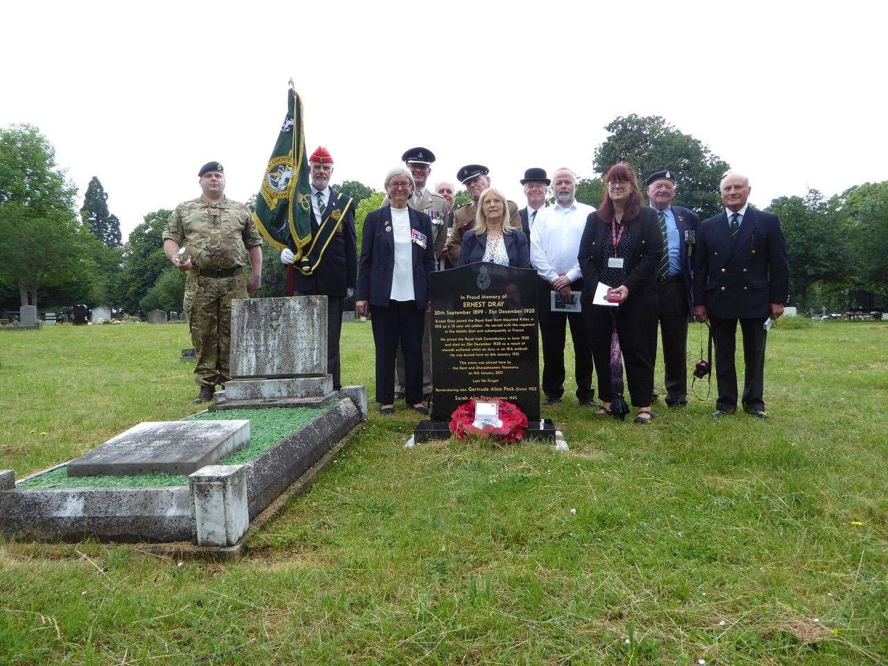 Ernest Dray, a boy soldier from Gillingham, who signed up under age to fight in the First World War has been remembered as his grave is rededicated at Woodlands cemetery in Gillingham. Picture: Kent and Sharpshooters Yeomanry Association