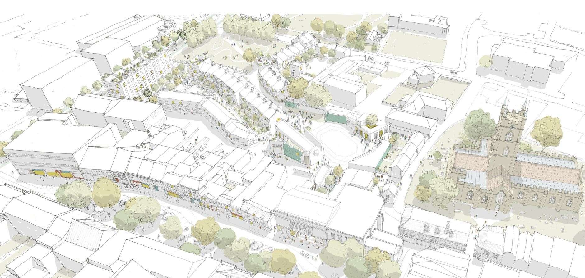 Ashford Borough Council's rejuvenation plans for the town centre depend on the delivery of the car park, which would be sited in the top left of this artist's impression