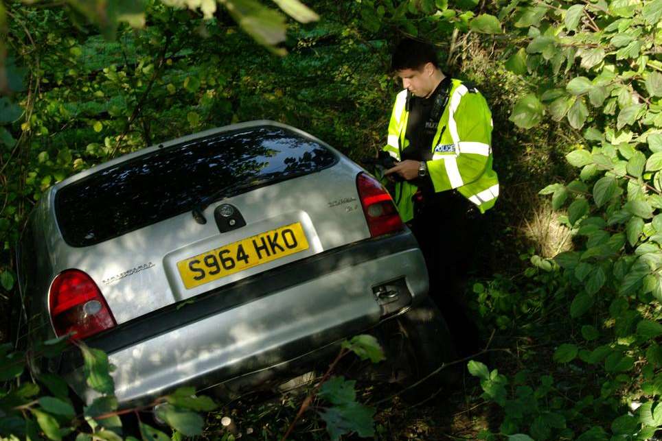 This car ended up in a ditch at the bottom of Four Elms Hill. Picture: Stanley Arrowsmith