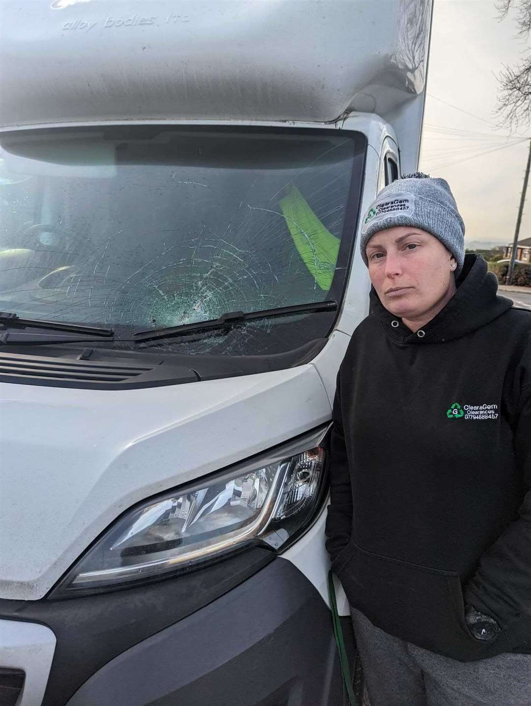 ClearaGem company director, Gemma Phillips with her damaged Luton van. Picture: Gemma Phillips