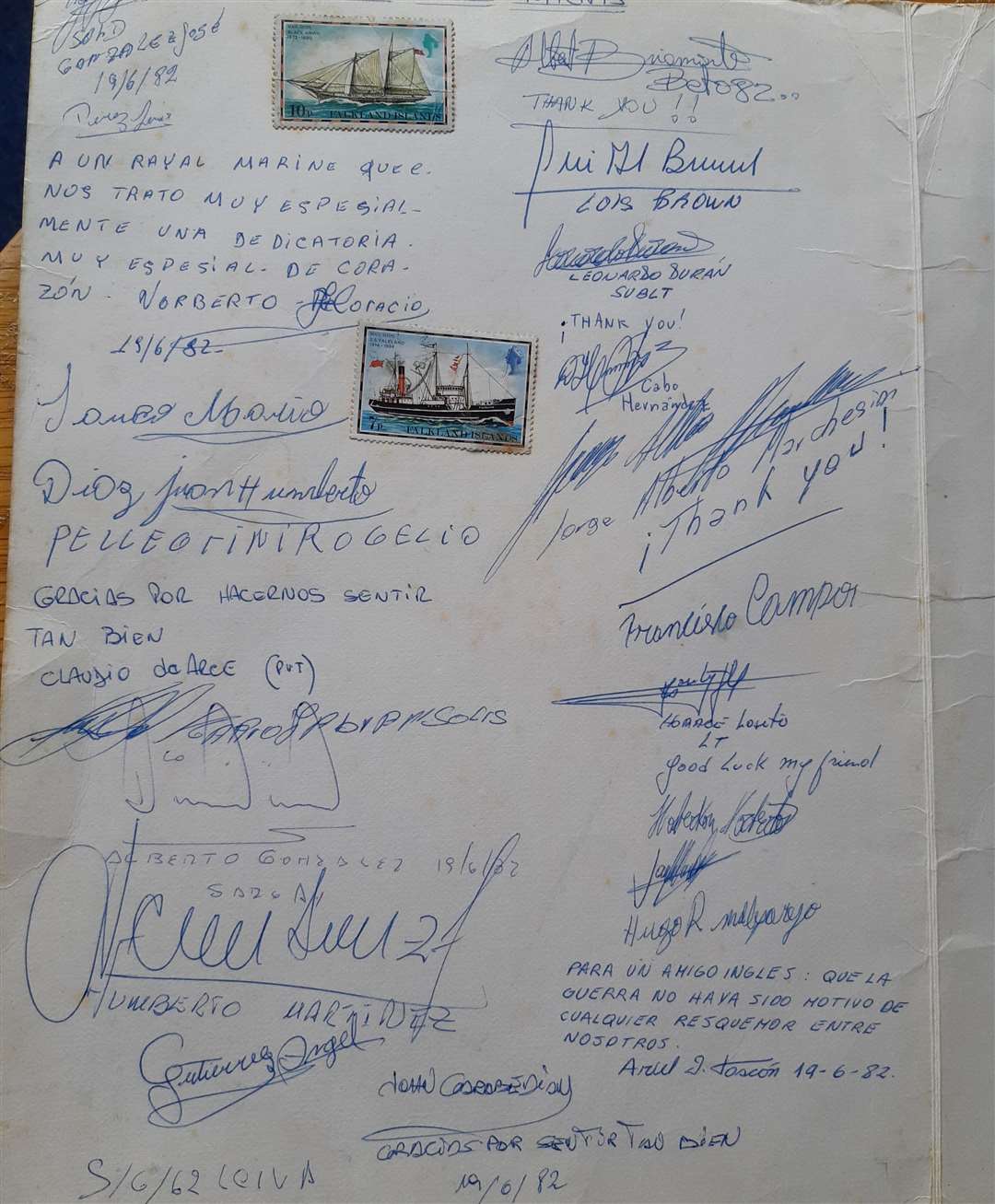 The thank-you card to Brian Short signed by his Argentinian PoWs fter their release in 1982. Picture:KMG