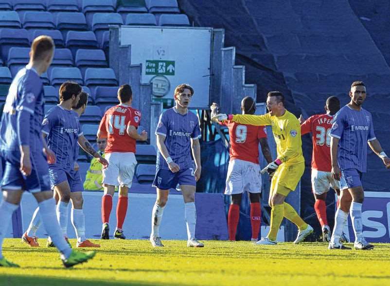 Gills keeper Stuart Nelson is angry after conceding against Crewe Picture: Barry Goodwin