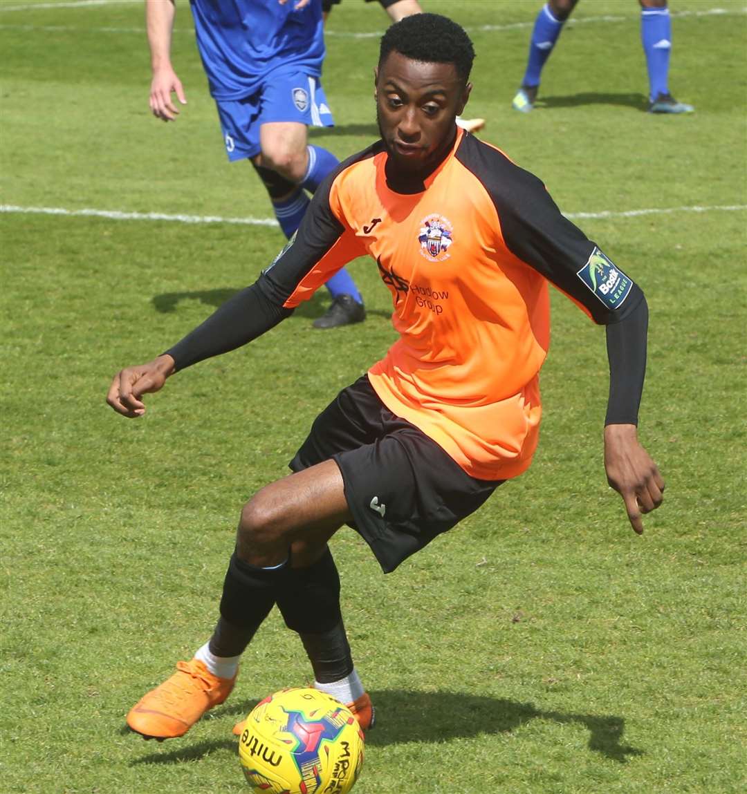 D'Sean Theobalds playing for Tonbridge Angels in their super play-off final. Picture: David Couldridge