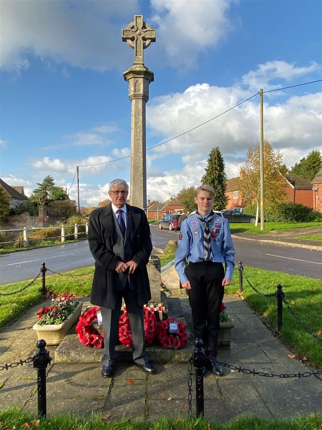 Ted Honey, 78, and his grandson Oliver Snow at Bredgar war memorial. Picture: Sian Davies (21302415)