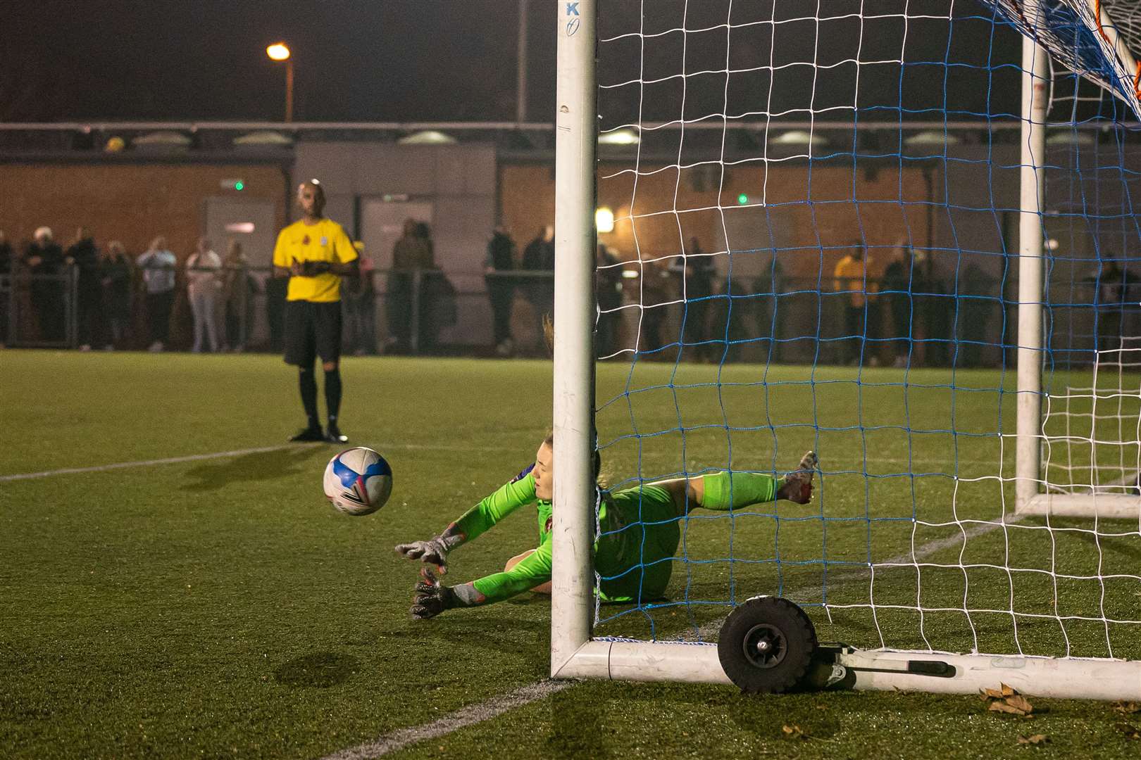 Goalkeeper Cara Davies saves a penalty in Gillingham Women's shootout victory over Millwall Lionesses Picture: Sam Mallia