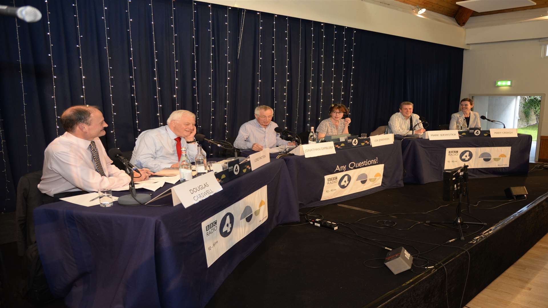 Douglas Carswell, Chris Patten, Jonathan Dimbleby, Producer Lisa Jenkinson, Mark Serwotka and Mary Creagh at BBC Radio 4's Question Time in the Alexander Centre, Faversham