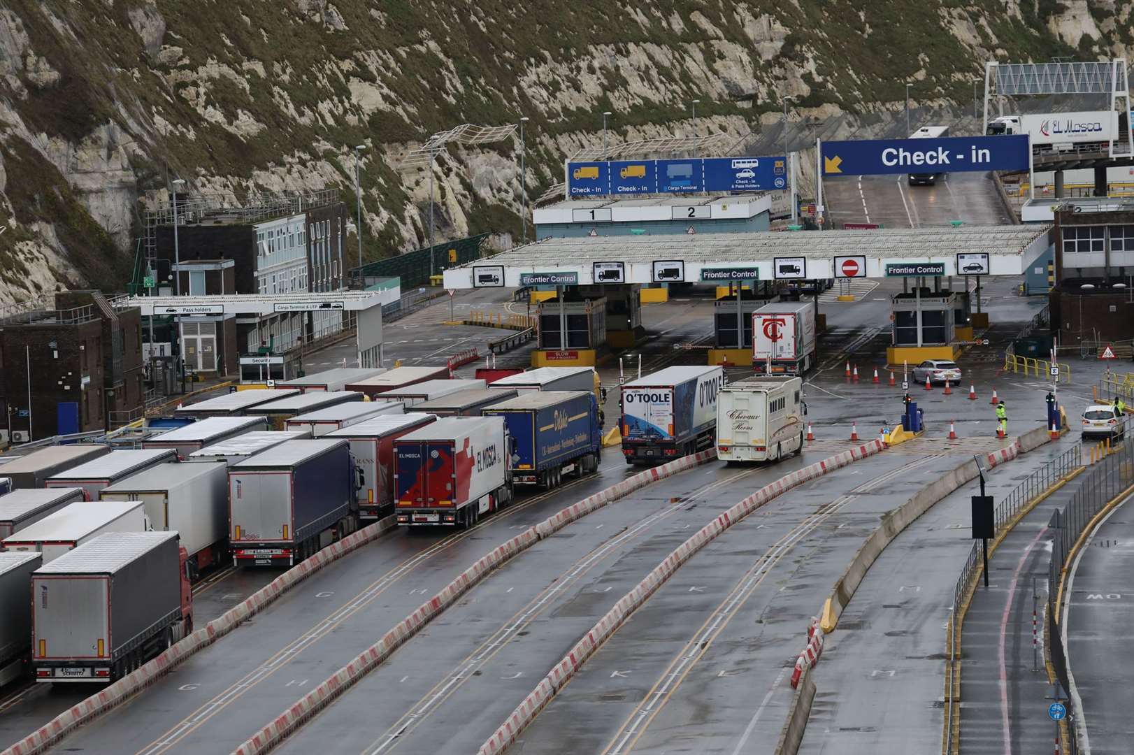 Lorries queue up at the Port of Dover in December. Picture: UKNIP