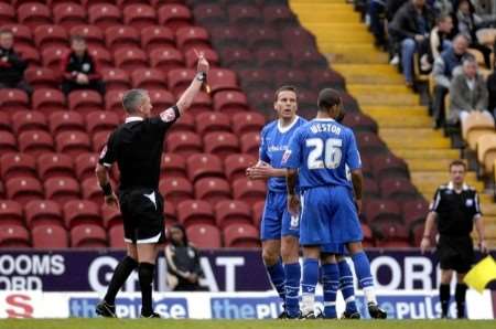 Mark Bentley is shown the red card at Bradford on Saturday Picture: Matthew Walker