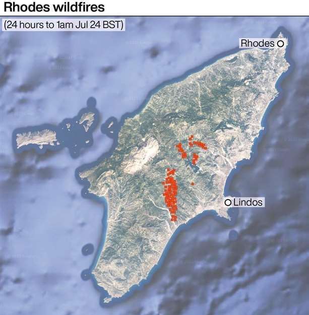 Wildfire locations on the Greek island of Rhodes. PA graphic. Source: Nasa Fire Information for Resource Management System/Google Earth