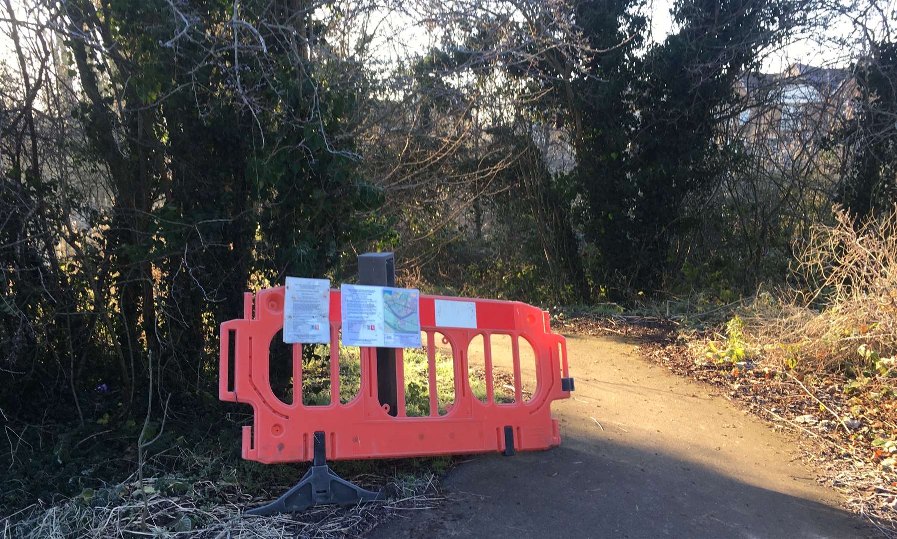 Signs showing the footpath closure from the Bailey Bridge car park, pictured in January