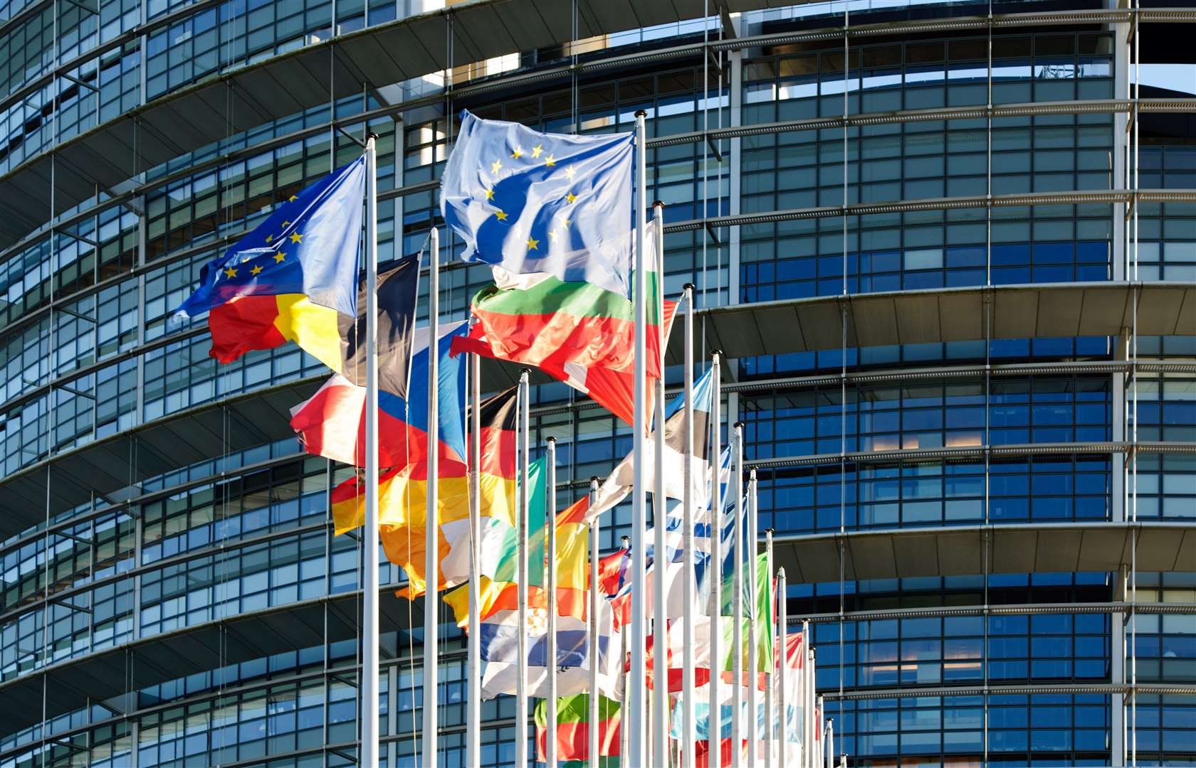 Strasbourg, France - January 28, 2014: All European Union flags in a row waving in front of the European Parliament building in Strasbourg, Alsace France brexit. (10457894)