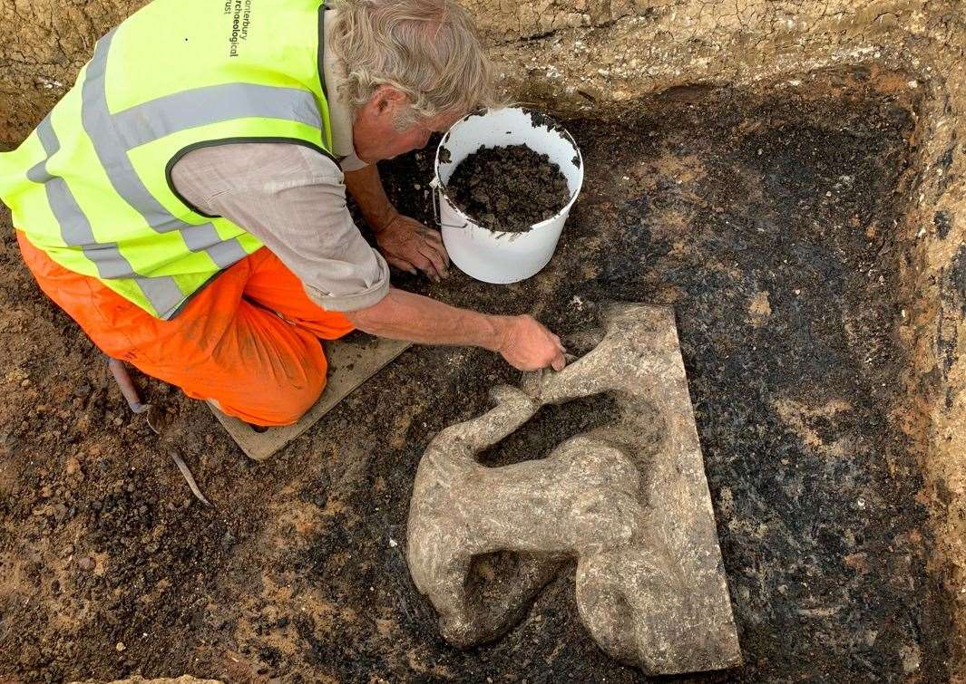The Roman statue of the sea god Triton is uncovered ahead of a housing development in Teynham