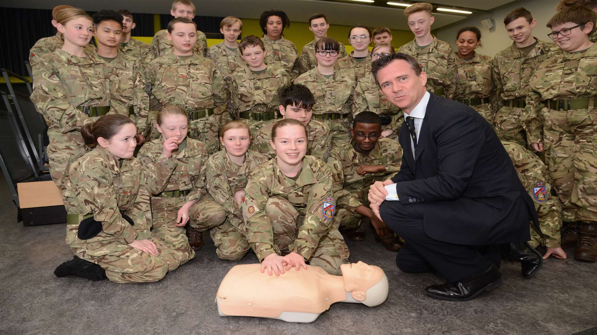 Defence Minister Mark Lancaster visiting cadets Brompton Academy, Gillingham