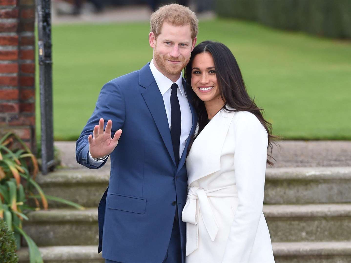 Prince Harry and Meghan Markle in the Sunken Garden at Kensington Palace where four planters were supplied by Chilstone. Picture: Eddie Mulholland/Daily Telegraph/PA Wire