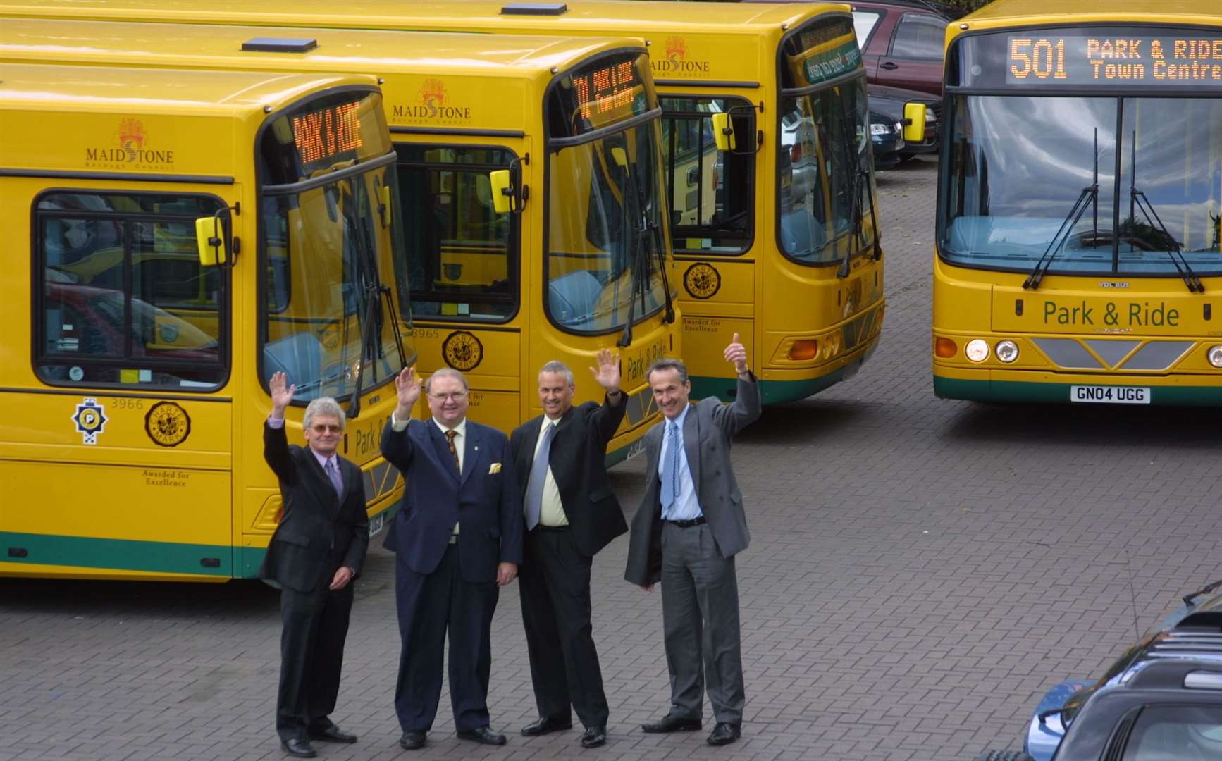 Happier times in 2004 when 11 new park and ride buses were handed over to then council officials Trevor Gasson, Cllr Malcolm Robertson and Cllr Kevin Hawkins, with Malcolm Spalding, then commercial manager at Arriva Picture: John Westhrop