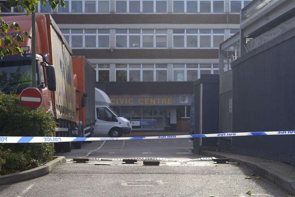 The area is cordoned off by police and a Royal Logistics Corps bomb disposal team has arrived at the Civic Centre, Dartford, after a piece of ordnance was handed in by a member of the public