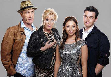 Joe McGann as Ray Say, Beverley Callard as Mari Hoff, Jess Robinson as Little Voice and Ray Quinn as Billy in the Rise and Fall of Little Voice