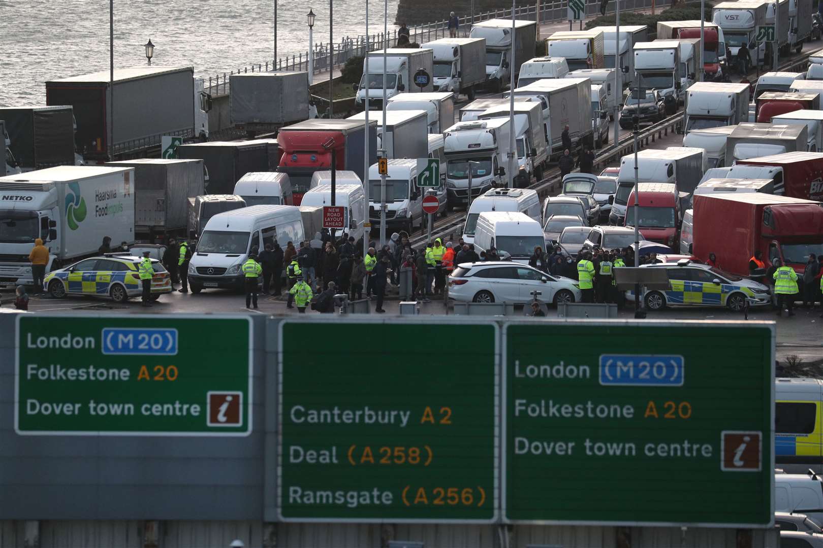Traffic blocks the road at the entrance to the Port of Dover (Andrew Matthews/PA)