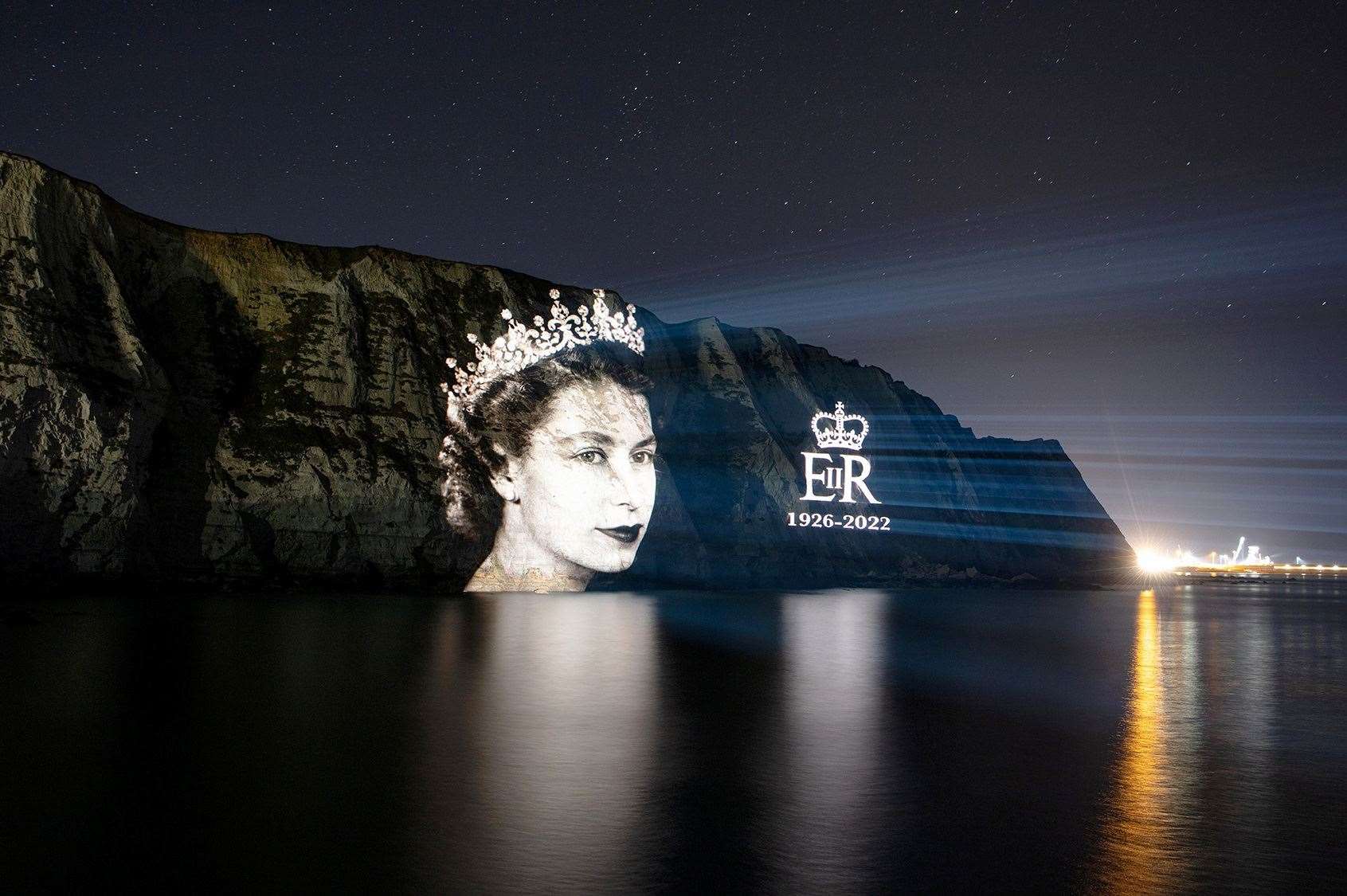 The tribute of the Queen beamed from Samphire Hoo onto the White Cliffs of Dover. Photo: Eurotunnel