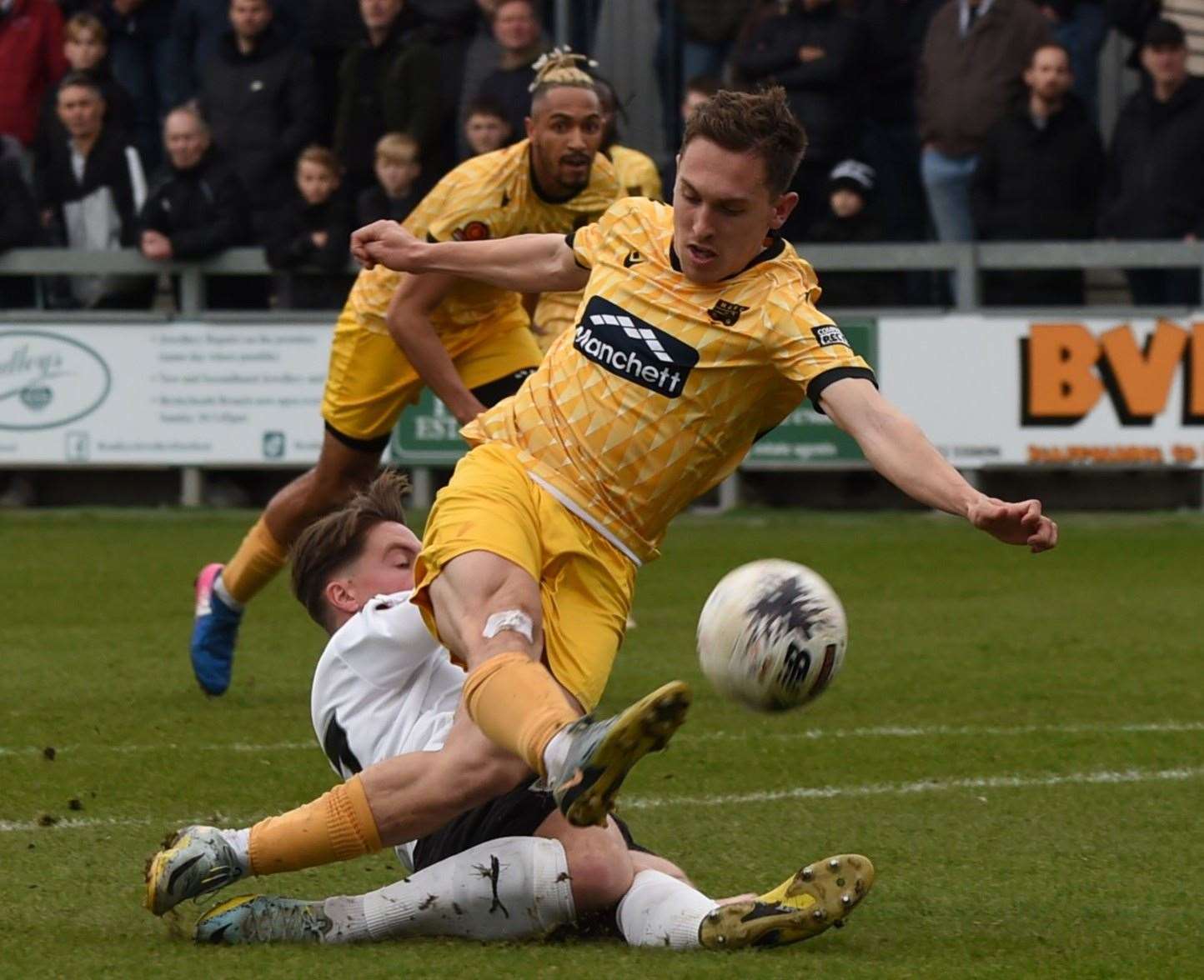 Dartford challenge Maidstone for the ball during last weekend’s 2-0 defeat at Princes Park. Picture: Steve Terrell